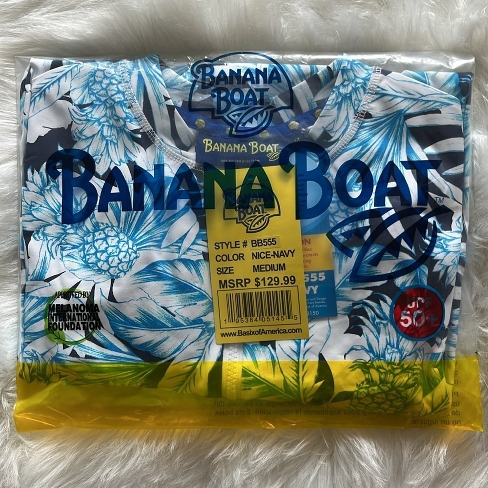 🆕 Banana Boat UPF 50 Swim Dress Long Sleeve Blue White Palm Leaf Tropical Size M